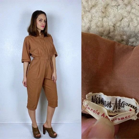 vintage 40s NUTMEG BROWN Button Up JUMPSUIT Small pantsuit cotton playsuit mcm